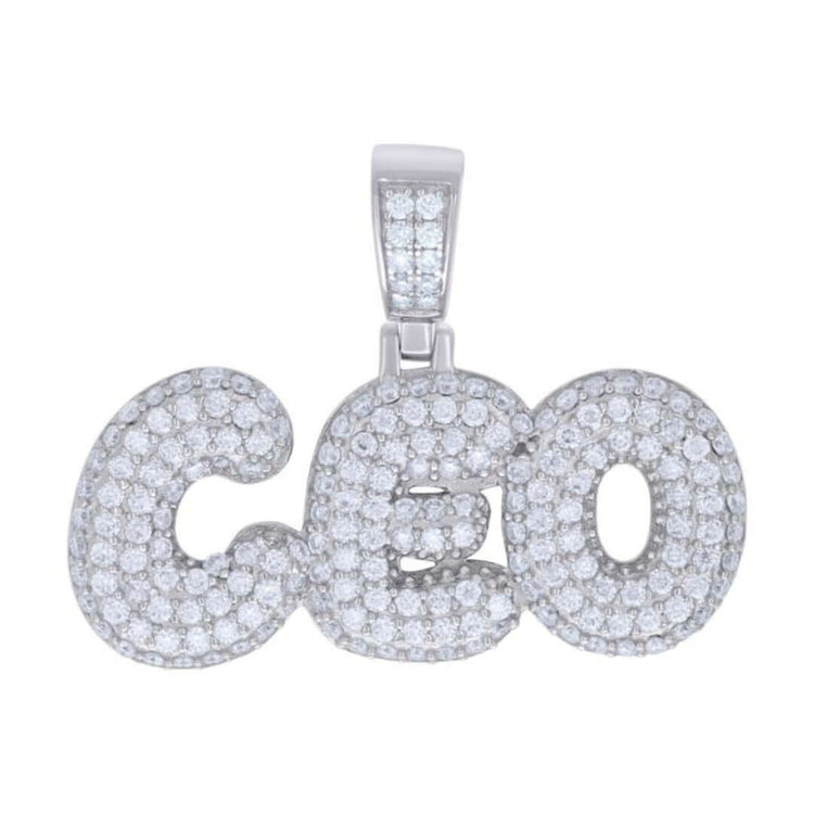 The Moissanite CEO Fashion Charm Pendant features bold, rounded letters spelling "CEO," expertly encrusted with VVS moissanite stones on sterling silver for a striking look.