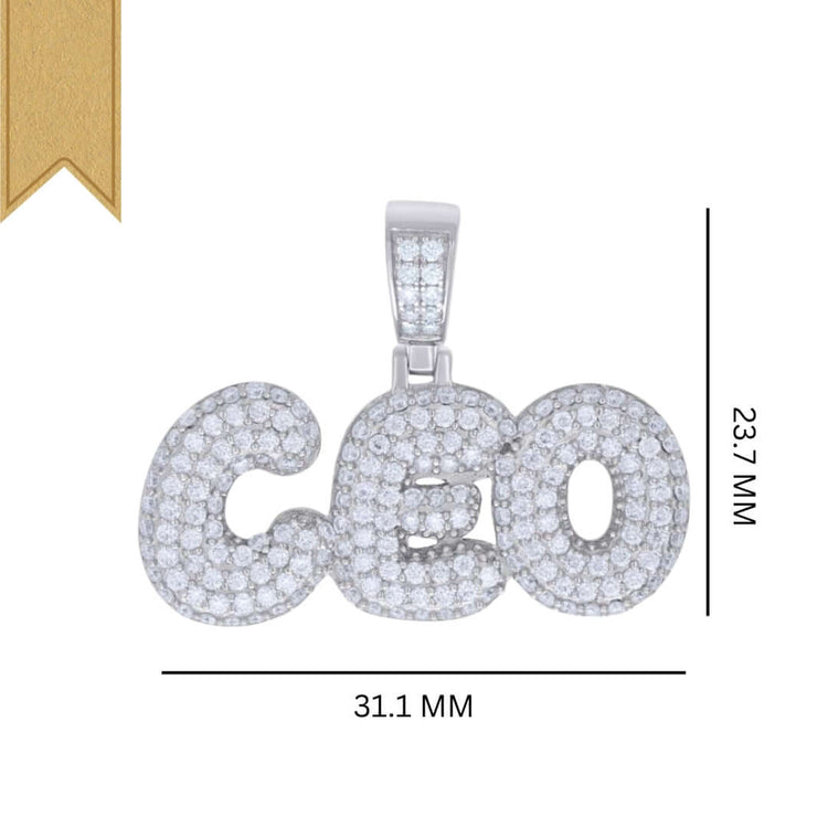 The Moissanite CEO Fashion Charm Pendant features sparkling moissanite stones spelling out "CEO" in sterling silver, measuring 31.1 mm wide by 23.7 mm tall, with a gold ribbon accent on the top left for added flair.