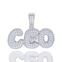 The Moissanite CEO Fashion Charm Pendant features the word "CEO" encrusted with sparkling VVS moissanite stones, set in your choice of sterling silver or white gold.
