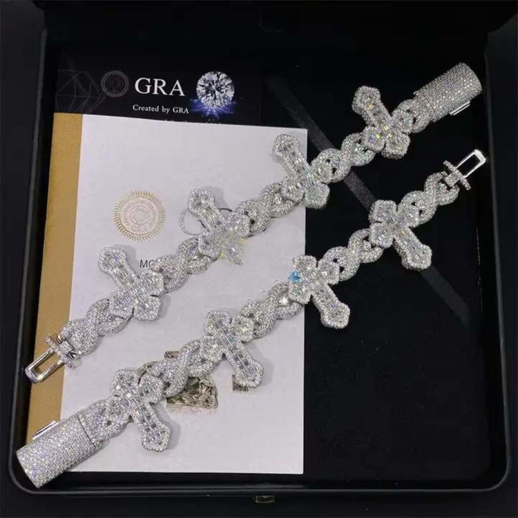 Two Moissanite Cross Bracelets – 925 Sterling Silver, featuring cross-shaped links with moissanite stones, are displayed in a black box with certificates and documents.