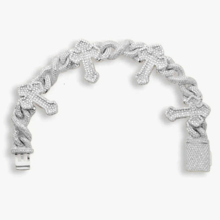 The Moissanite Cross Bracelet – 925 Sterling Silver features several diamond-studded crosses elegantly integrated into its chain, each encrusted with sparkling moissanites for a sophisticated look.