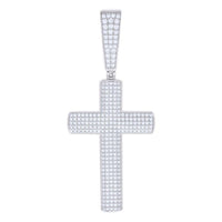 The Moissanite Cross Religious Charm Pendant is a sterling silver piece adorned with sparkling stones in a grid and a diamond-encrusted bail, making it an elegant addition to any religious jewelry collection.