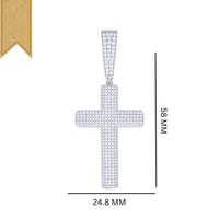 The Moissanite Cross Religious Charm Pendant, measuring 58mm x 24.8mm, shines with sparkling stones and is displayed on a white background with a gold ribbon in the top left corner—an elegant piece of religious jewelry.