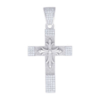 The Moissanite Cross Religious Pendant features a sterling silver design with sparkling moissanite stones, a raised fleur-de-lis center, and an embellished bail—making it a striking GOLDZENN jewelry piece.