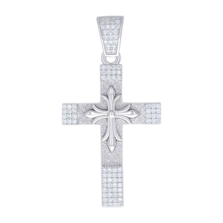 The Moissanite Cross Religious Pendant features a sterling silver design with sparkling moissanite stones, a raised fleur-de-lis center, and an embellished bail—making it a striking GOLDZENN jewelry piece.