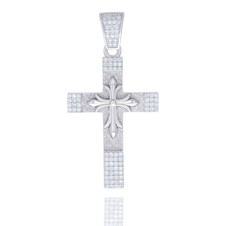 The Moissanite Cross Religious Pendant features a sterling silver design with sparkling stones and a raised fleur-de-lis at the center, creating an elegant piece of religious jewelry that shines against a white background.