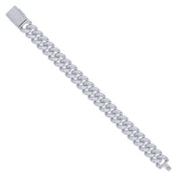 The Moissanite Cuban Link Bracelet - 12mm is a 925 sterling silver bracelet with VVS moissanites and a diamond-encrusted clasp, shown diagonally on a white background.