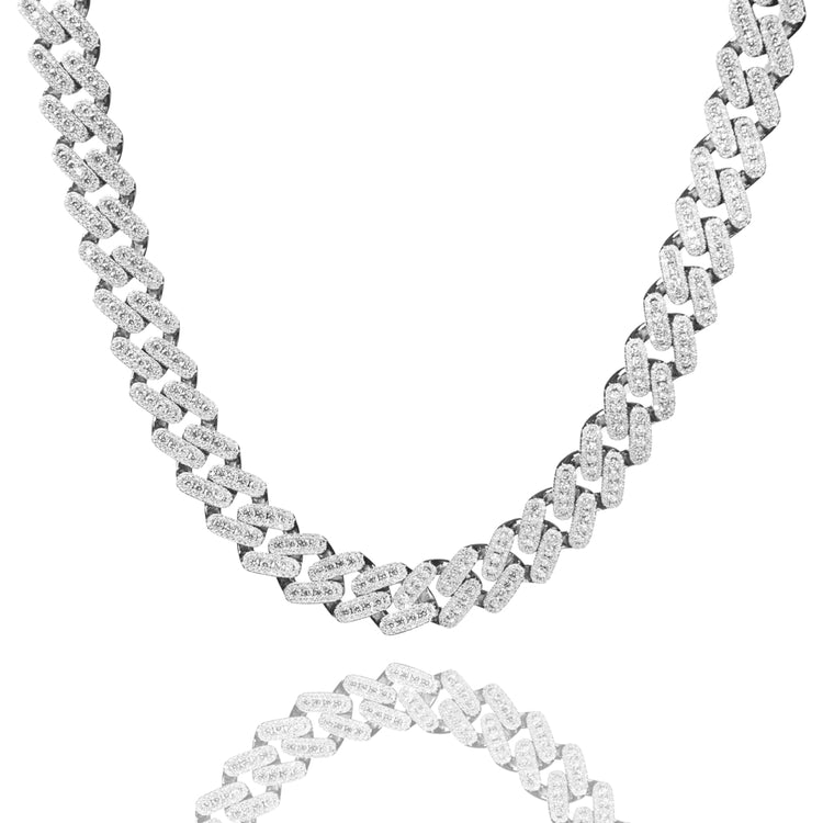 Moissanite Cuban Link Chain (12mm-15mm) in 925 sterling silver featuring textured, closely interlocking links, displayed on a white background with its reflection below.