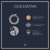 A dark blue advertisement for Goldzenn showcases the Silver Moissanite Cuban Link Bracelet – 10mm, featuring three icons and text emphasizing quality sterling silver, warranty, and protected shipping with signature confirmation.