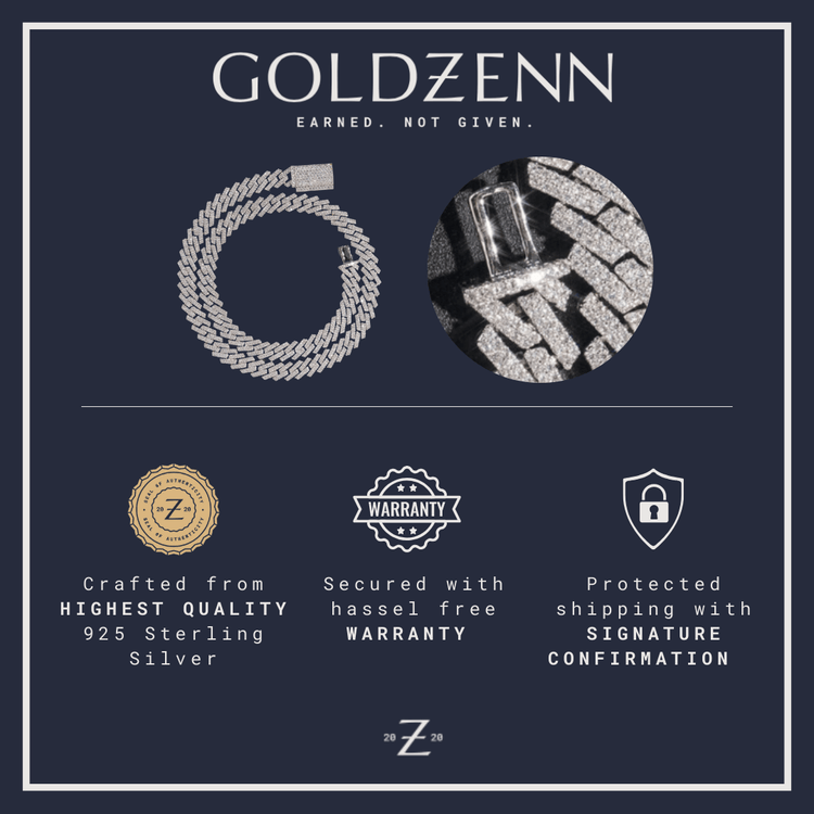 Goldzenn ad with a close-up of the Moissanite Cuban Links Chain 18mm in high-quality 925 sterling silver, highlighting a hassle-free warranty and signature-confirmed shipping.