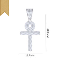 The Moissanite Egyptian Ankh Cross pendant, crafted in sterling silver and adorned with white stones, measures 41.9 mm tall by 19.7 mm wide. Shown on a white background with measurement lines and a gold ribbon accent in the upper left corner.