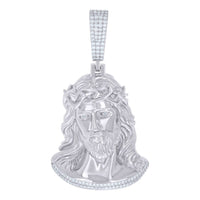 The Moissanite Jesus Religious Pendant is a sterling silver piece featuring Jesus with a crown of thorns and long hair, adorned with sparkling VVS moissanite stones for extra brilliance.