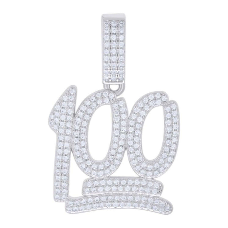 The Moissanite Score 100 Fashion Charm Pendant features a “100” shape with two lines underneath, adorned with sparkling VVS moissanite stones and a diamond-studded bail—an eye-catching statement piece.