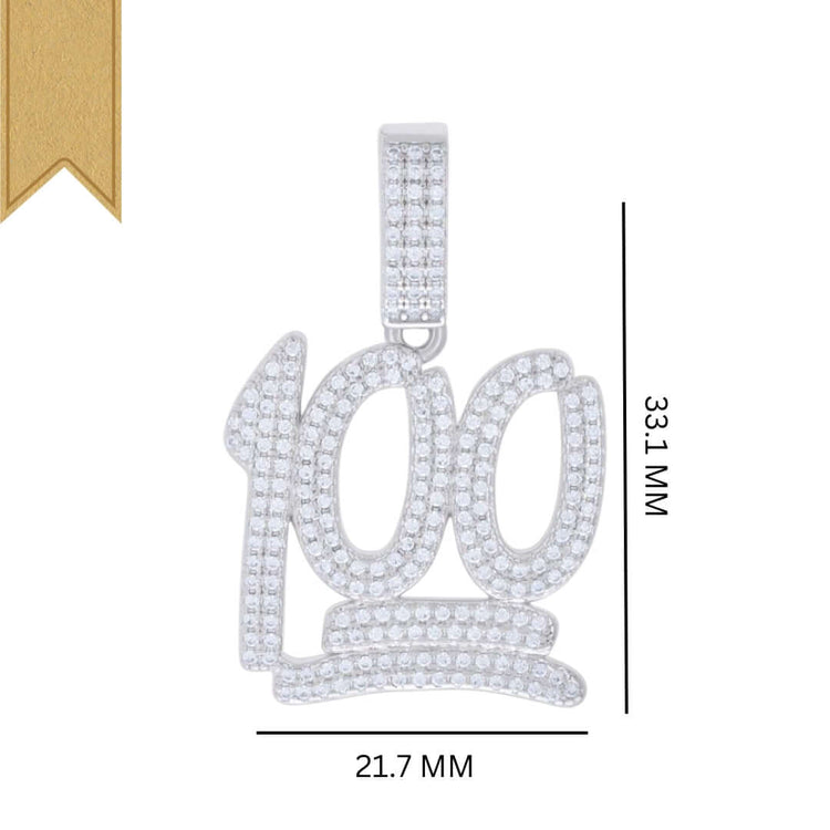 The Moissanite Score 100 Fashion Charm Pendant features VVS moissanite and diamonds in a "100" shape with underline, measures 33.1 mm tall by 21.7 mm wide, shown on a white background with a gold ribbon at the top left corner.
