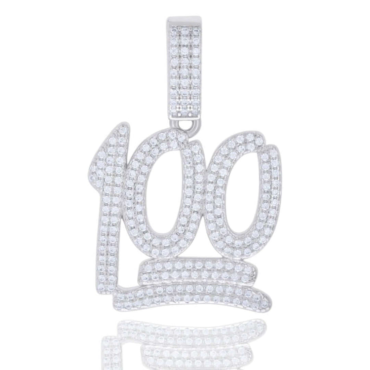 The Moissanite Score 100 Fashion Charm Pendant features a 100 emoji design, set with sparkling VVS moissanite stones and finished with a rectangular gem-encrusted bail at the top.