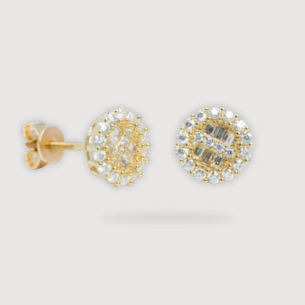 Moissanite Stud Gold Earrings - 10k Yellow Gold: A pair of round stud earrings featuring a central cluster of rectangular moissanite gems surrounded by sparkling white stones, displayed on a light gray background.