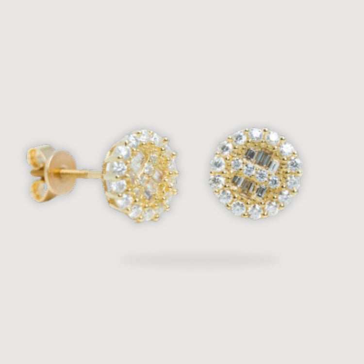 Moissanite Stud Gold Earrings - 10k Yellow Gold: A pair of round stud earrings featuring a central cluster of rectangular moissanite gems surrounded by sparkling white stones, displayed on a light gray background.