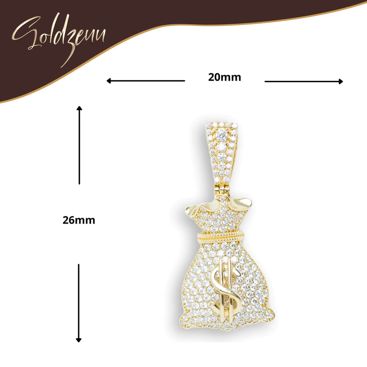 The Money Bag Pendant in 10K Gold with CZ features a dollar sign design, measures 20mm x 26mm, and is ideal for men's gold jewelry collections. Shown on a white background with the Soldzeum logo.