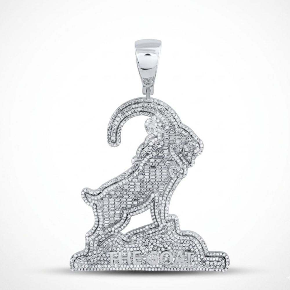The 2-7/8CTW Natural Diamond Goat Charm Sterling Silver features a goat on a rocky base encrusted with natural diamonds, with "THE GOAT" engraved—a bold pendant for those who love standout diamond jewelry.
