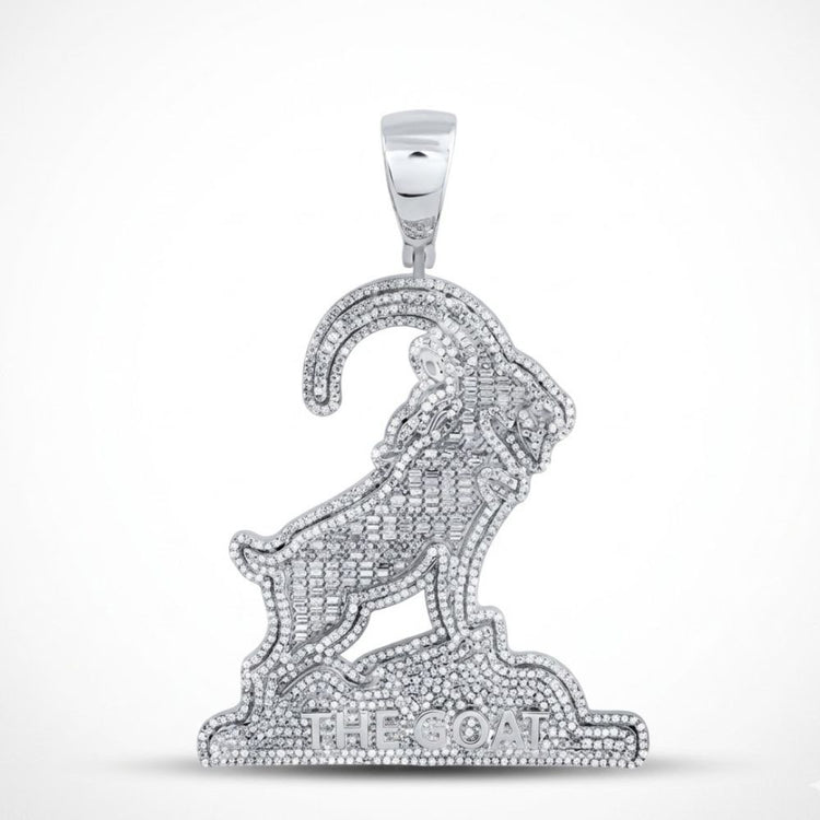 The 2-7/8CTW Natural Diamond Goat Charm Sterling Silver features a goat on a rocky base encrusted with natural diamonds, with "THE GOAT" engraved—a bold pendant for those who love standout diamond jewelry.