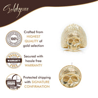 Promotional image for Goldzeuu showcases the Native Skull Men Ring – Solid 14K Gold with a feathered headdress design, featuring icons for premium quality, hassle-free warranty, and signature confirmation shipping. Text highlights key benefits.
