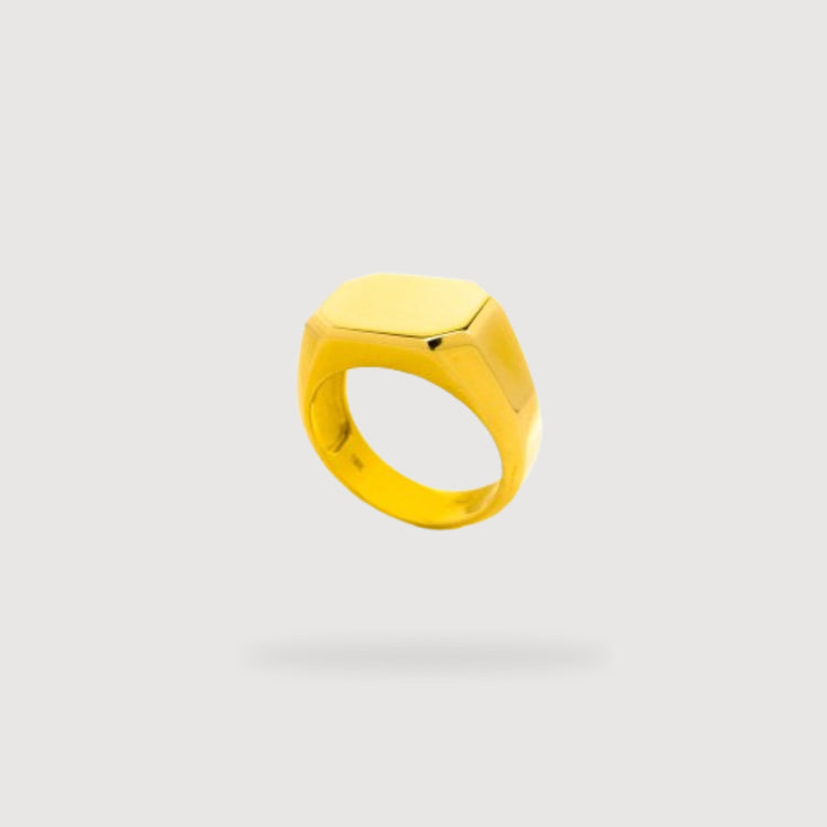The Octagon Signet Ring in Solid Gold features a smooth, flat top and polished finish, shown against a plain light gray background.