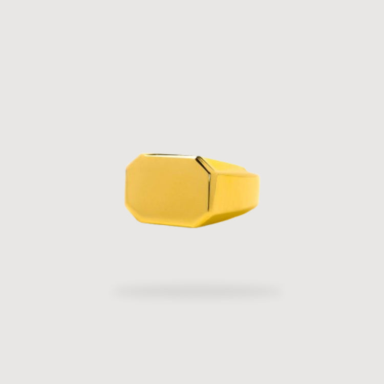 The Octagon Signet Ring in Solid Gold features a flat, polished octagonal face and is showcased against a plain light gray background.