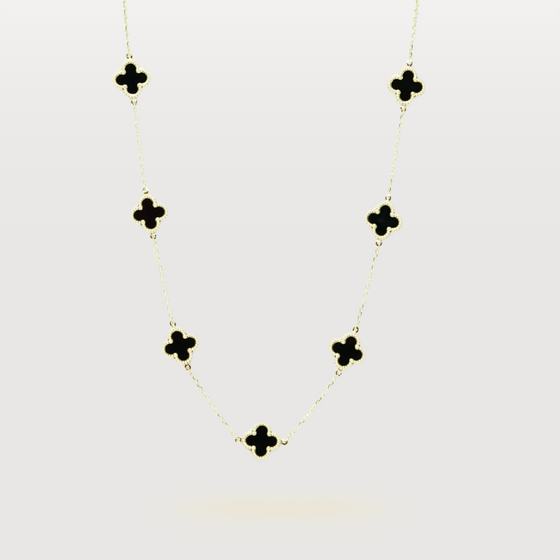 Onyx Four Leaf Clover Necklace in 14k Yellow Gold. | GOLDZENN