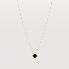  Single Onyx Four Leaf Clover Women's Necklace in 14k Yellow Gold. Secured with a lobster clasp. | GOLDZENN 