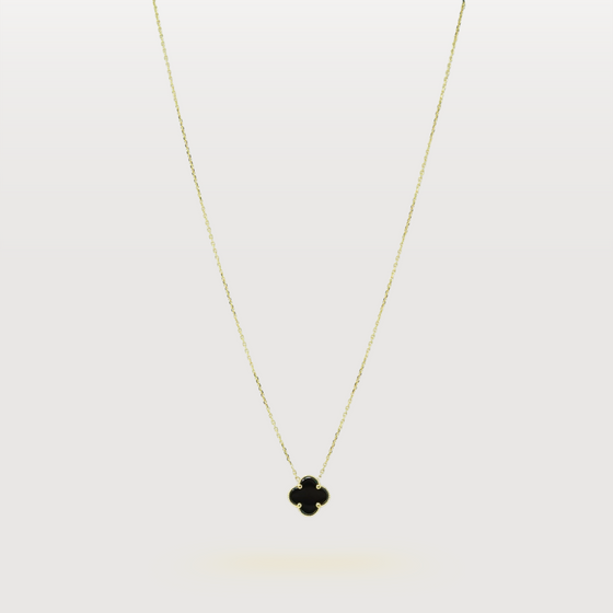 Single Onyx Four Leaf Clover Women's Necklace in 14k Yellow Gold. Secured with a lobster clasp. | GOLDZENN 