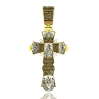The Orthodox Cross Pendant - 14K Gold features engraved religious icons and Cyrillic script, depicting saints and biblical scenes on a white background, symbolizing the rich traditions of Orthodox Christianity.