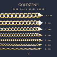 Goldzenn’s width guide showcases eight solid yellow gold chains, including the Pavé Curb Link Chain (2mm–5.5mm), all displayed horizontally on a dark background with size labels on the right.