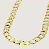 The Pavé Curb Link Chain - 2mm-5.5mm Solid Yellow Gold features large, flat interlocking links accented with sparkling pavé stones, displayed elegantly against a plain, light-colored background.