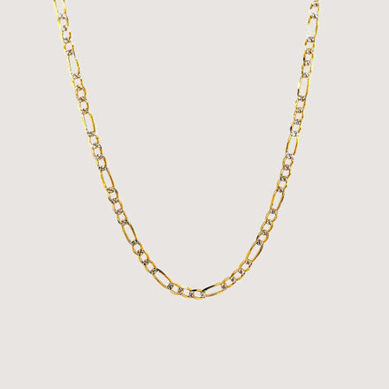 The Pave Figaro Chain 6.5mm in solid yellow gold features elongated oval links and a simple, elegant design, displayed against a plain light background.