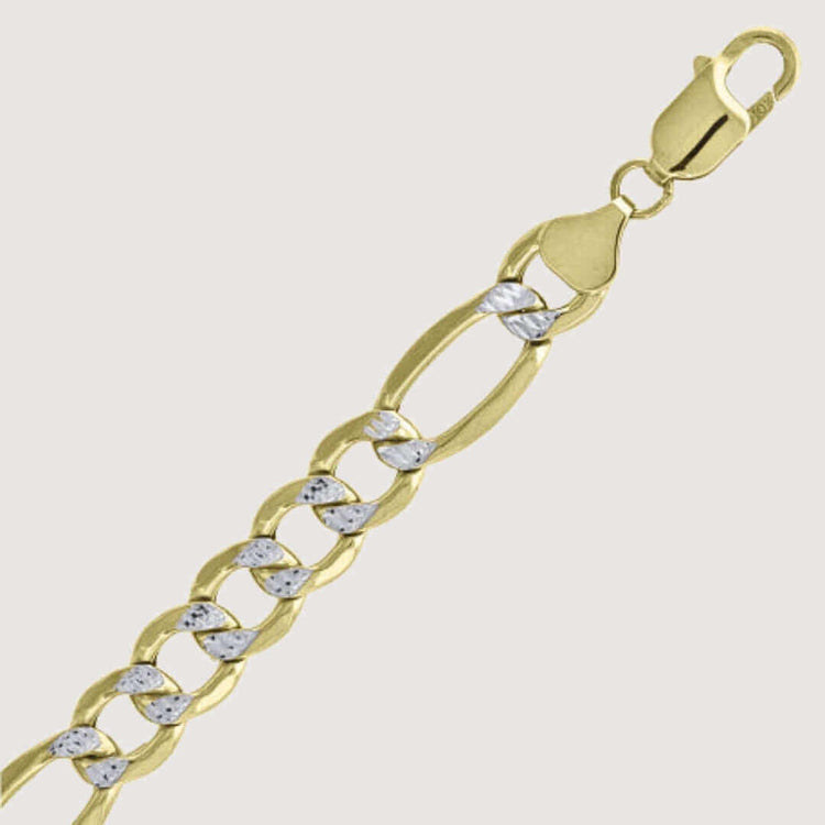 A close-up of the Pave Figaro Chain 6.5mm in solid yellow gold, showcasing alternating oval and round links with textured silver accents and a lobster claw clasp.