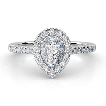 alt=" Explore the Pear-Shaped Halo Lab Diamond Engagement Ring. Featuring a 2.00 CT pear-shaped lab diamond with a halo and pavé band in 14K gold, it’s a timeless design. "