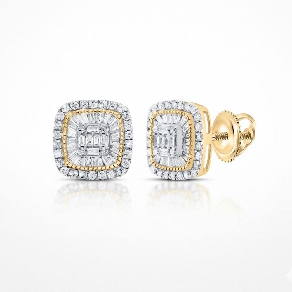 These 10K yellow gold diamond earrings feature 5/8 CTW cushion and baguette diamonds, with a secure screw-back design for added safety and style.