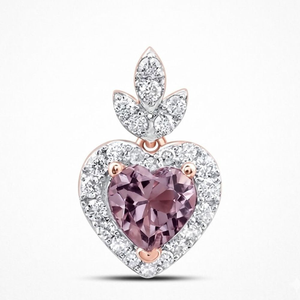 The 1/6 CTW Rose Gold Diamond Morganite Heart Pendant features a 4.5mm heart-shaped pink morganite, sparkling diamonds, and is crafted in rose gold—a stunning necklace for any occasion.