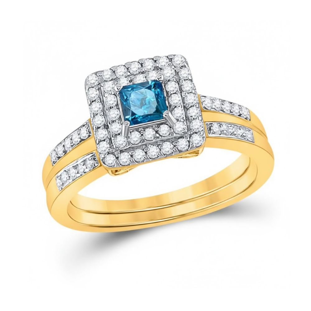 The 14k Yellow Gold Princess Blue Diamond Wedding Ring Set features a center princess blue diamond, two rows of clear diamonds, and additional diamonds on the split band—an ideal choice for bridal wedding jewelry.