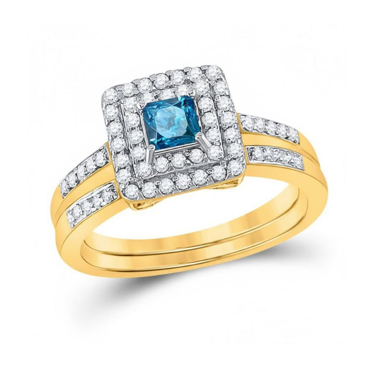 The 14k Yellow Gold Princess Blue Diamond Wedding Ring Set features a center princess blue diamond, two rows of clear diamonds, and additional diamonds on the split band—an ideal choice for bridal wedding jewelry.