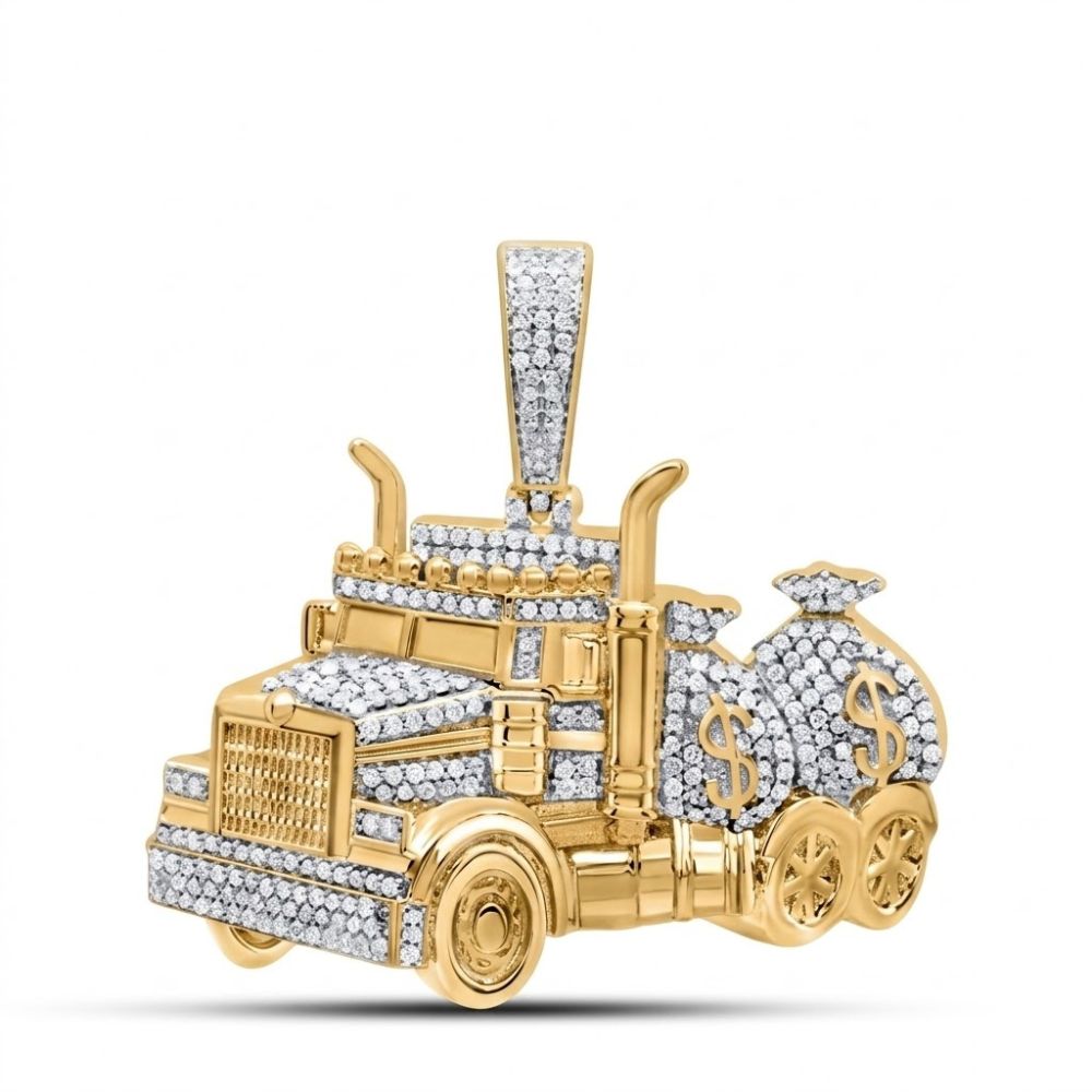 The 7/8CTW Diamond Money Bag Truck Charm Silver is a semi-truck pendant hauling a cash sack with dollar signs, featuring intricate detailing and sparkling diamonds—an eye-catching accessory for men.