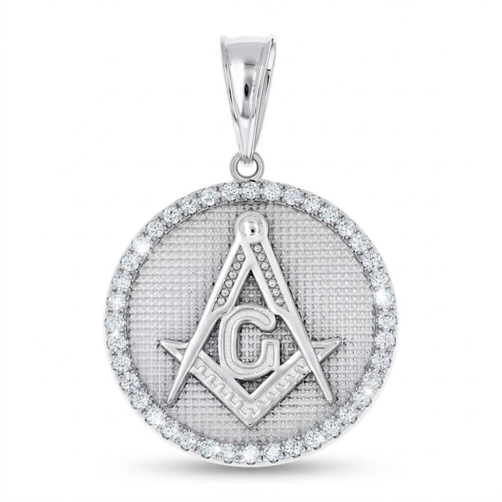 The Sterling Silver Cubic-Zirconia Masonic Symbol Pendant features the classic square and compass with a central G, set in round sterling silver and bordered by sparkling cubic zirconia stones—a striking piece of Freemason jewelry.