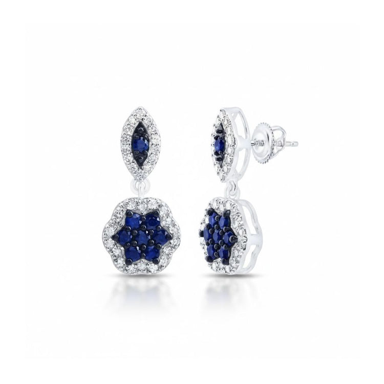 1/3CTW Diamond Flower Dangling Earrings 10k White Gold close-up detail - GOLDZENN