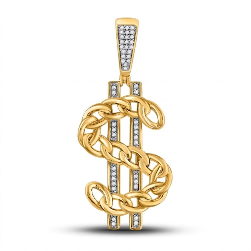 The 10K Gold Diamond Dollar Charm Pendant 1/8 CTTW features a dollar sign design in yellow gold, accented with sparkling diamonds along the vertical lines, shown against a white background.