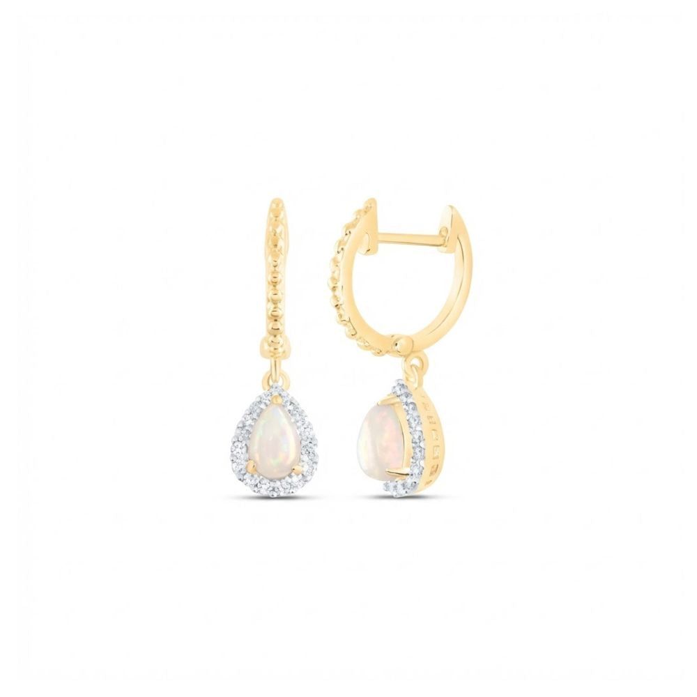10k Yellow Gold Pear Opal Diamond Dangling Earrings feature teardrop-shaped opals framed by a halo of diamonds, shown against a white background.
