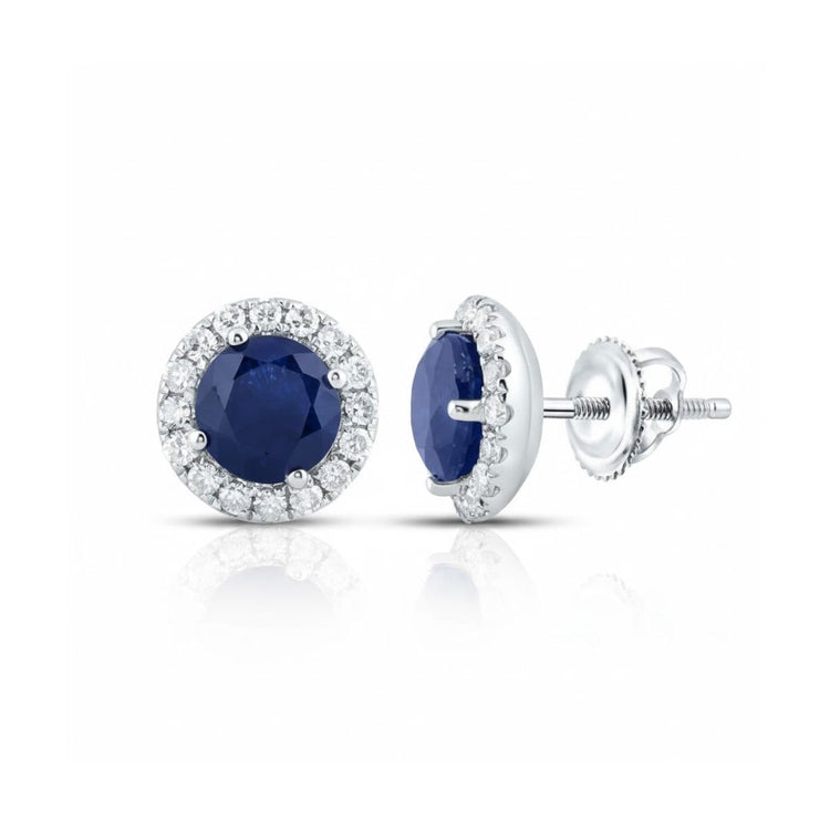 1-1/5CTW Round Blue Sapphire Diamond Halo Stud Earrings – 14K White Gold close-up detail - GOLDZENN
