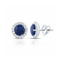 1-1/5CTW Round Blue Sapphire Diamond Halo Stud Earrings – 14K White Gold close-up detail - GOLDZENN