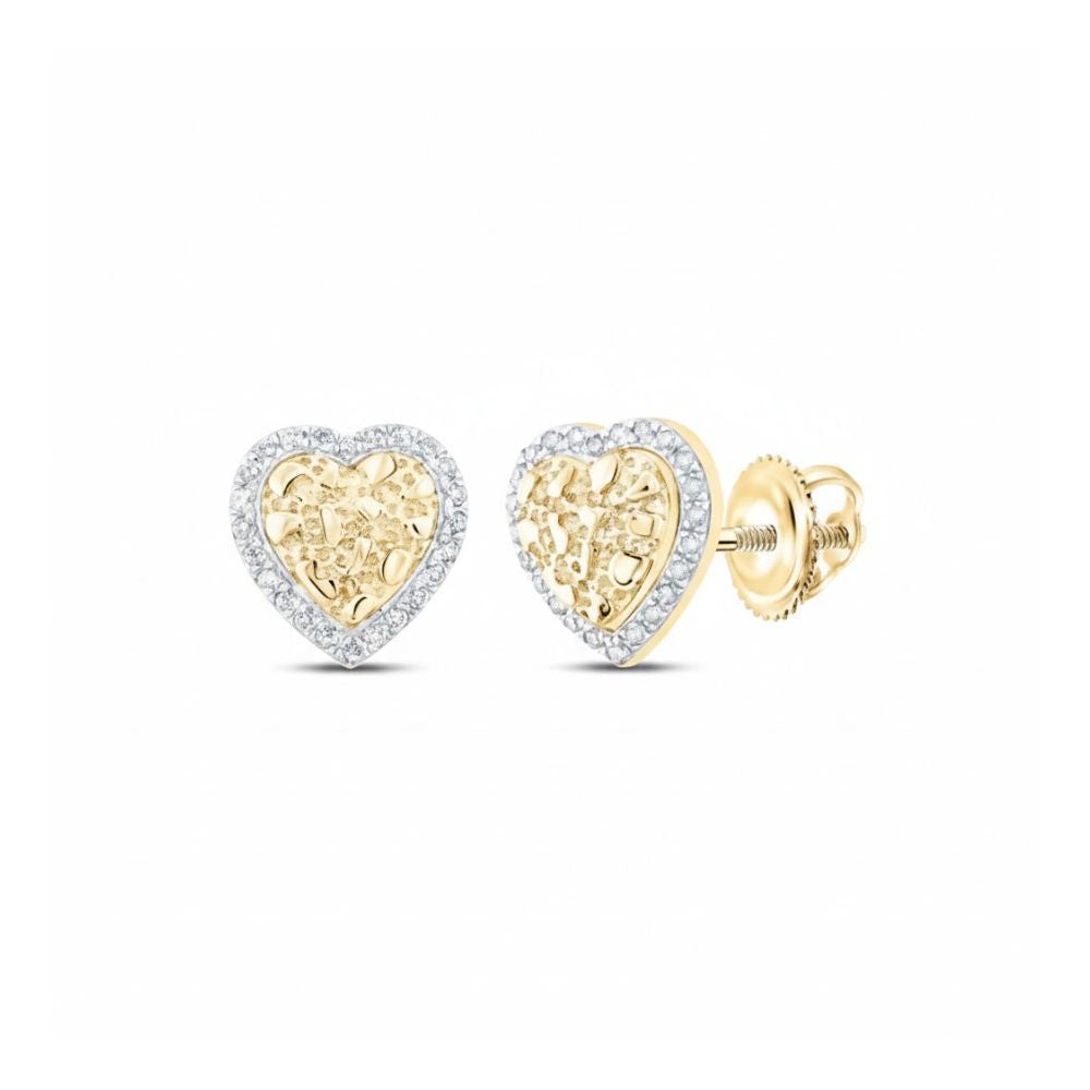 These 10k Yellow Gold Diamond Heart Earrings (1/10 Cttw) feature intricate center designs, a border of sparkling white stones, and secure screw-back closures.