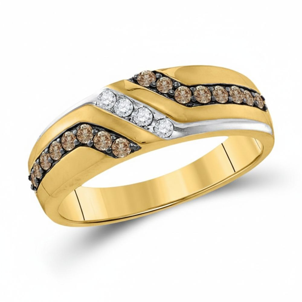 The 10k Yellow Gold Brown Diamond Wedding Band 1/3 Cttw features two wavy rows of brown diamonds flanking a central wavy row of white diamonds, blending polished gold and silver tones for a striking, elegant appearance.