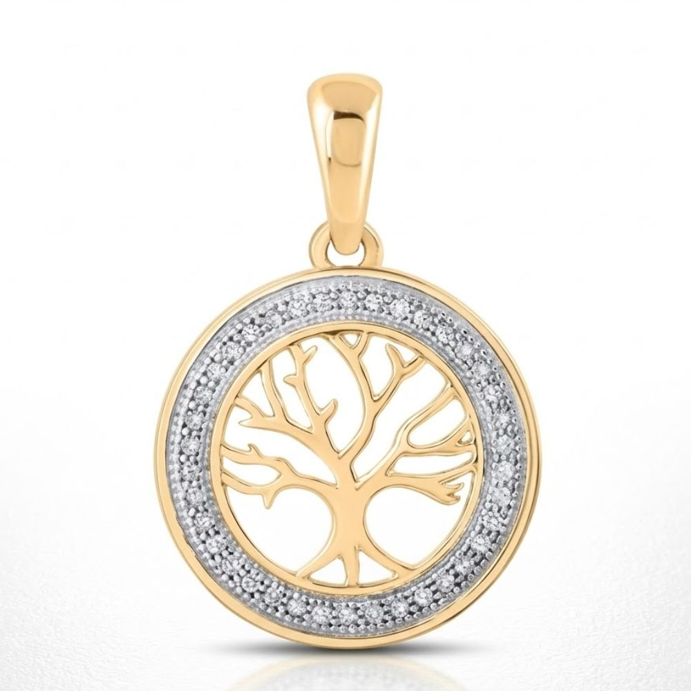 10K Gold Diamond Tree of Life Pendant 1/10 CTW featuring an openwork tree design in a circular frame, accented with a ring of sparkling white diamonds. Displayed on a plain white background.